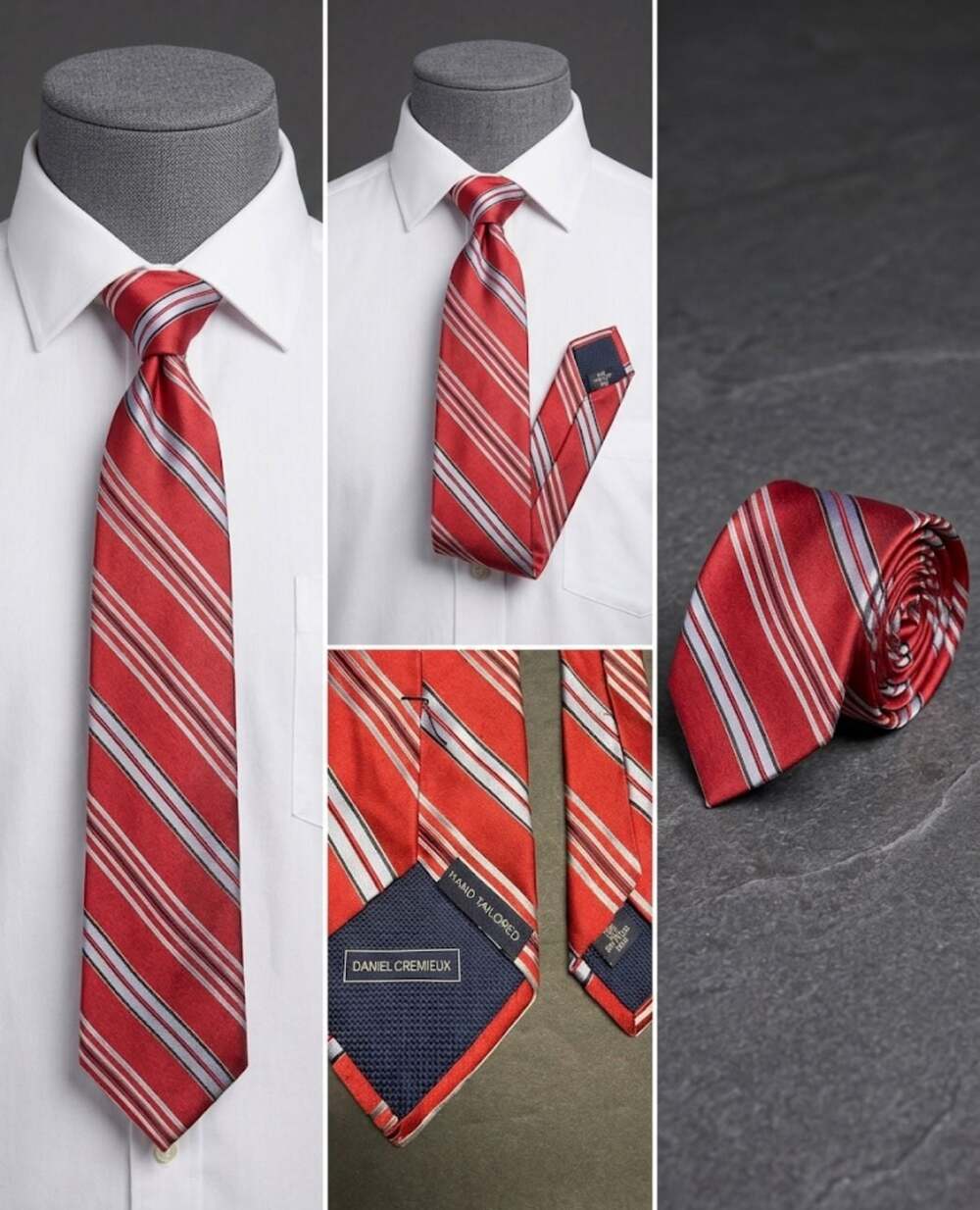 Daniel Cremieux Men's Red Striped 100% Silk Hand Tailored Necktie